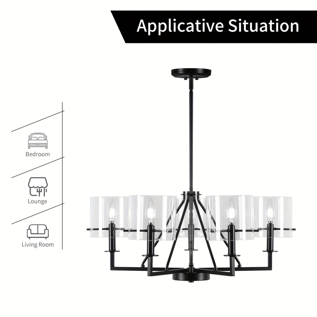 5-Light Minimalist Pendant Light - Black Metal & Glass Shade, E12 Bulb Compatible, Height Adjustable - Ideal for Kitchen Island, Bedroom, Dining & Living Room