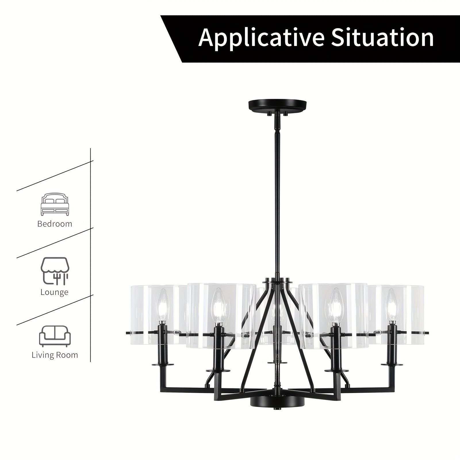 5-Light Minimalist Pendant Light - Black Metal & Glass Shade, E12 Bulb Compatible, Height Adjustable - Ideal for Kitchen Island, Bedroom, Dining & Living Room