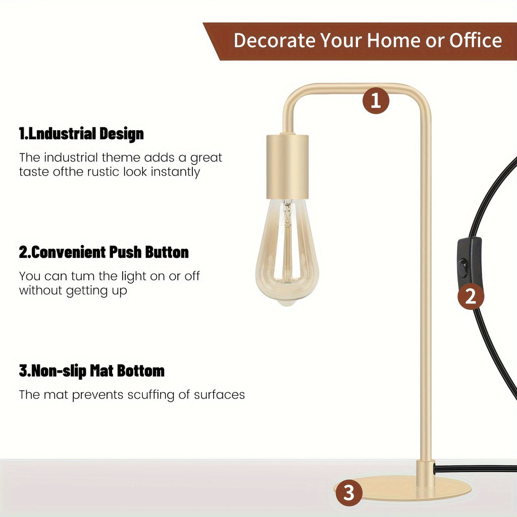 French Gold Desk Lamp - Edison Desk Lamp - Industrial Bedside Lamp For Bedroom, Living Room, Dormitory - Small Metal Lamp For Reading, Nightstand, Dressing Table