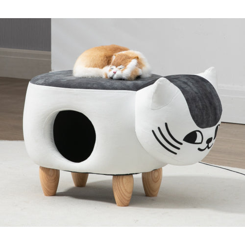 AEELLEEA Cat Shaped Ottoman with Cat Cave, Multi-Functional Foot Stool with Solid Wood Legs, Pet House & Seat for Living Room