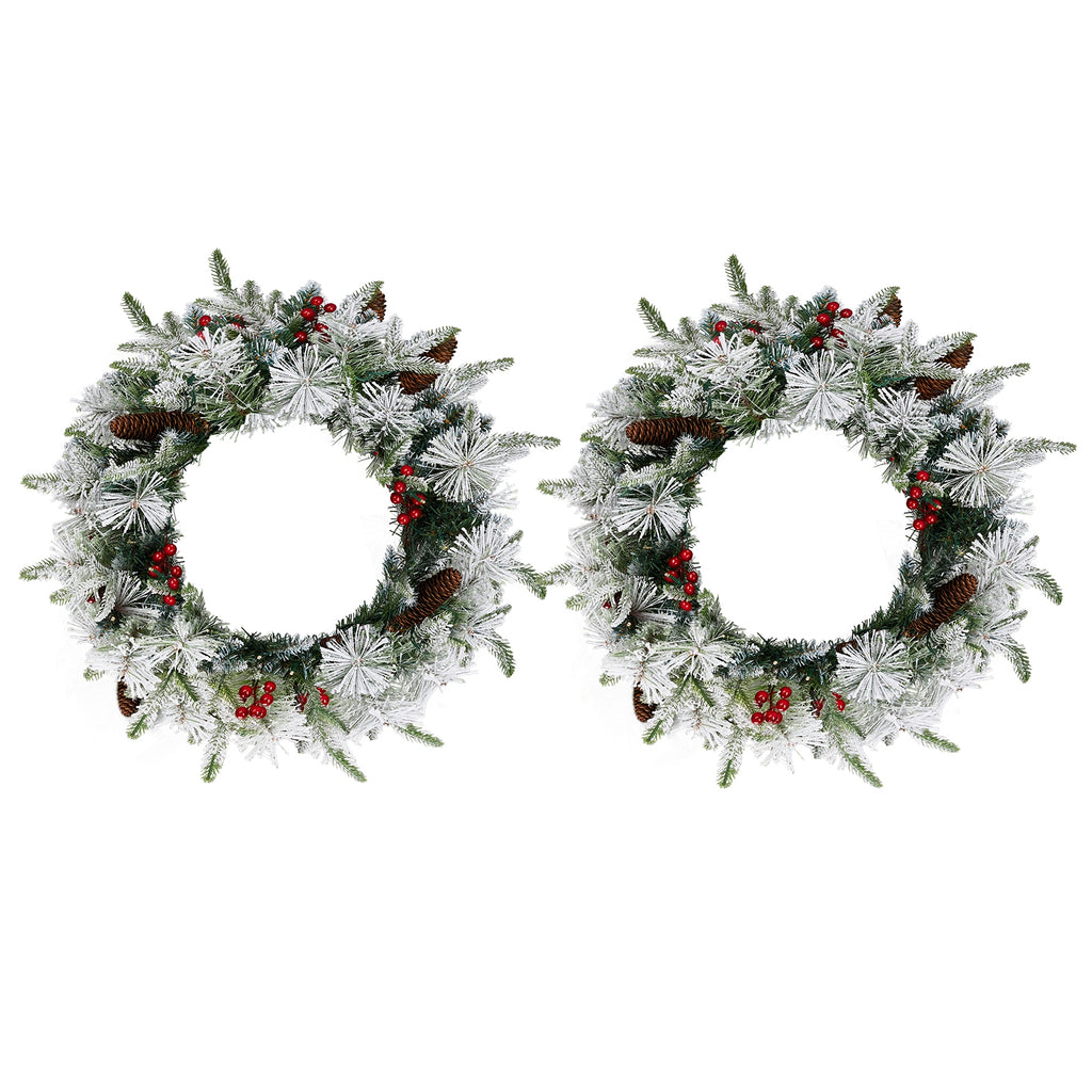 2Pcs 18" Lighted Christmas Wreaths, Snow Flocked PVC PE Wreath with Pinecones Red Berries, 60 Warm White Lights Battery Box 8 Modes
