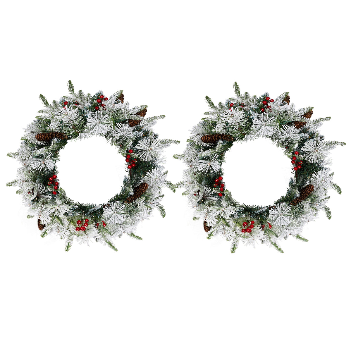 2Pcs 18" Lighted Christmas Wreaths, Snow Flocked PVC PE Wreath with Pinecones Red Berries, 60 Warm White Lights Battery Box 8 Modes