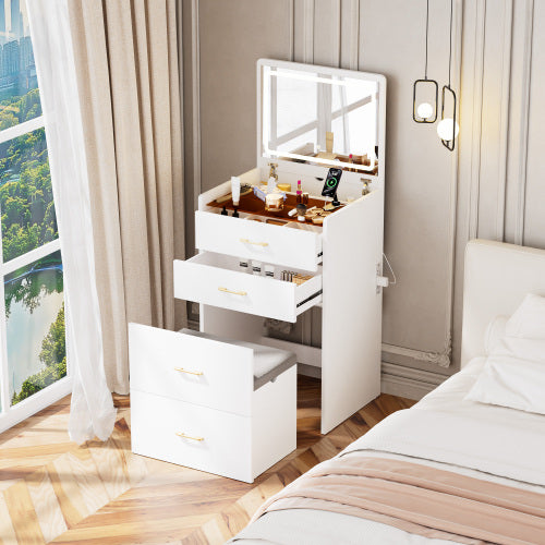AEELLEEA 3-in-1 Makeup Vanity Desk with 3-Color Lighted Mirror, Drawers and Storage Stool, White