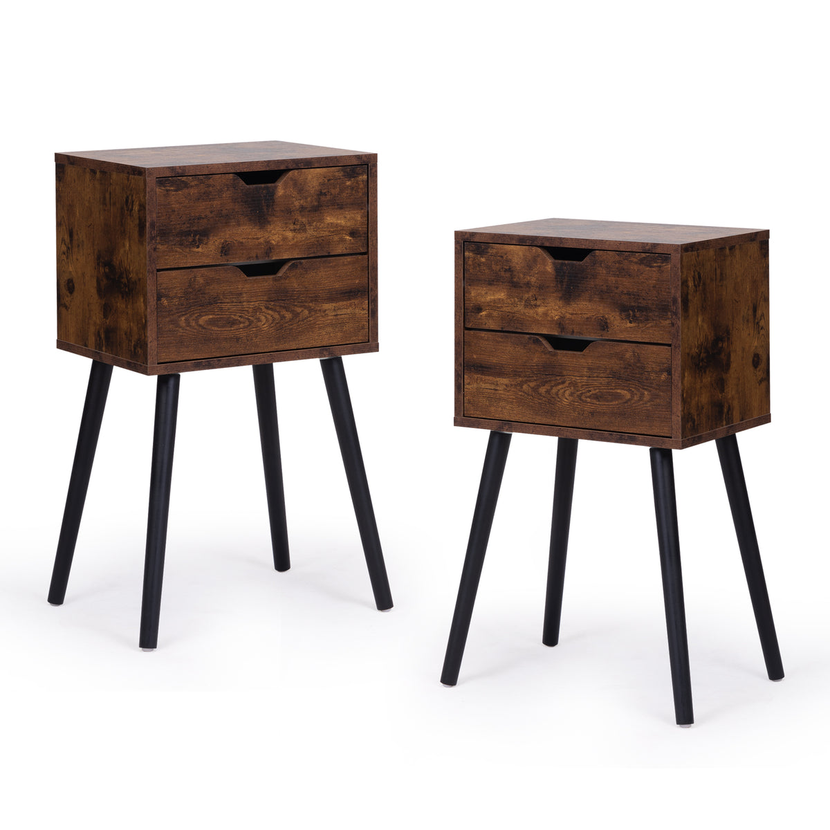 2 Pack Nightstand with 2 Drawers, Rustic Brown Black Bedside Table with Solid Pine Wood Legs, Hidden Pull End Side Table for Bedroom Living Room