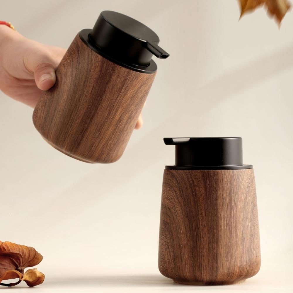 Wood Grain Foaming Soap Dispenser, 10oz Walnut Pump Bottle for Hand Soap & Lotion, Refillable Rustic Bathroom Kitchen Soap Dispenser with Dense Foam Pump