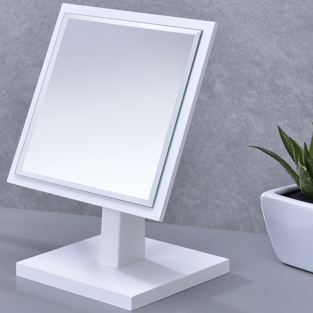 9.5 Inch Tall Polyresin & Wood Pedestal Makeup Mirror, White Finish Tabletop Vanity Mirror