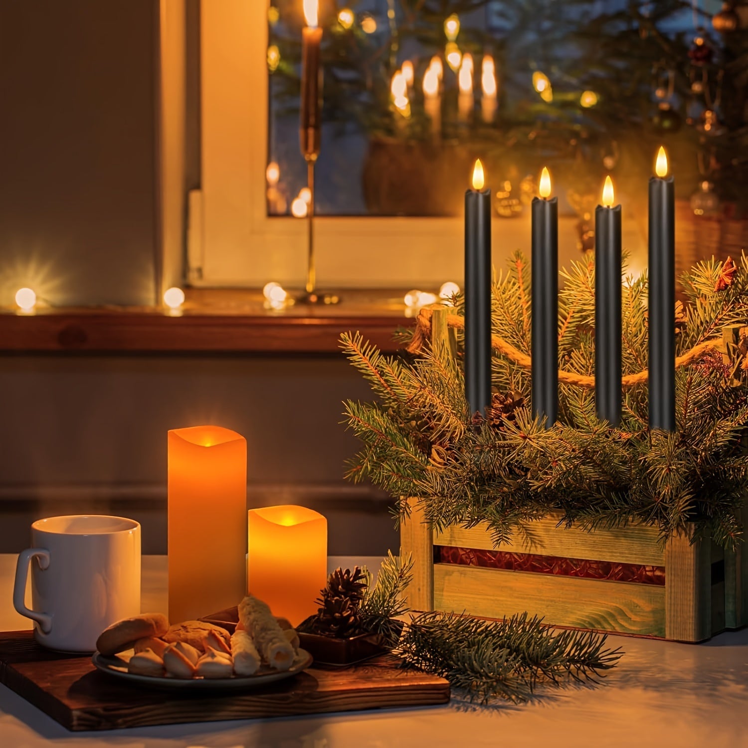Flameless Black Taper Candles Flickering with 10-Key Remote, LED Warm 3D Wick Light Window Candles Real Wax Pack of 6, Christmas Home Wedding Decor