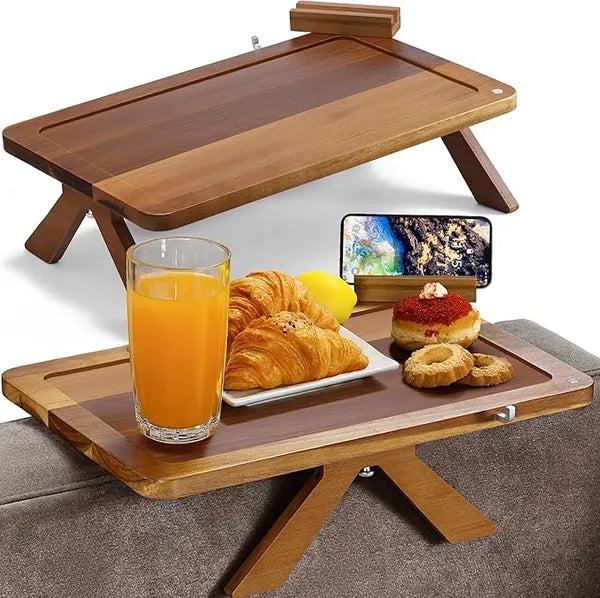 Acacia Wood Sofa Arm Tray 3 in 1 Adjustable Couch Arm Table with 360 Rotating Phone Holder Non Slip Mat for Snacks Coffee Fits Wide Armrests