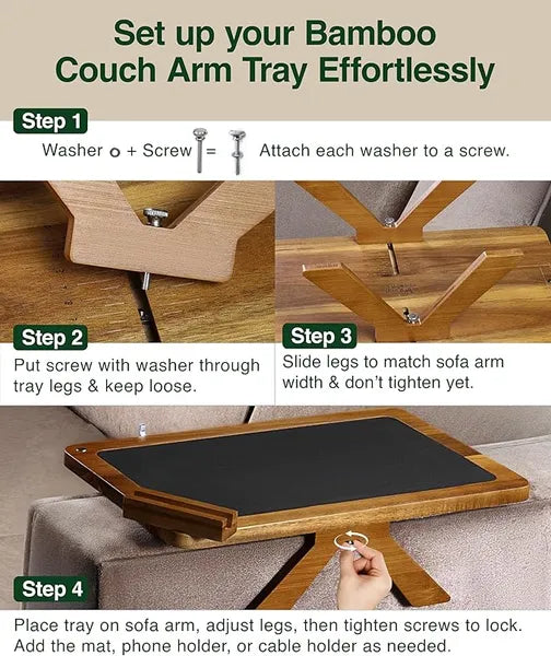 Acacia Wood Sofa Arm Tray 3 in 1 Adjustable Couch Arm Table with 360 Rotating Phone Holder Non Slip Mat for Snacks Coffee Fits Wide Armrests