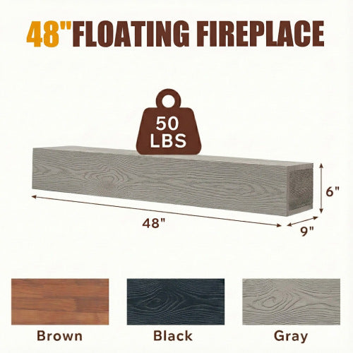 AEELLEEA 48-Inch Solid Wood Floating Fireplace Mantel Shelf, Gray, 9 x 6 Inches, 50 lb Capacity