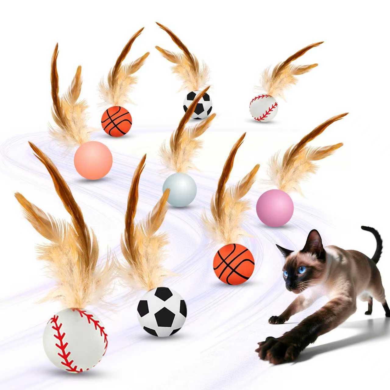 3 Pack Interactive Cat Ball Toys: Bouncy Elastic Balls with Natural Feathers for Indoor Cats & Kittens