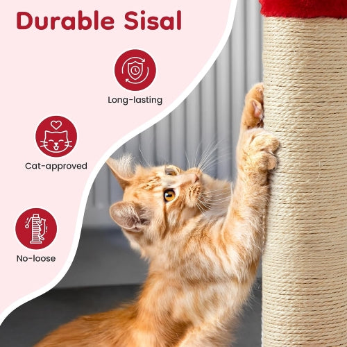 22" Indoor Cat Scratching Post, Natural Sisal Rope Scratcher, Cute Monster Cat Tower with Sturdy Wood Base, Gift for Small & Large Kittens, Red