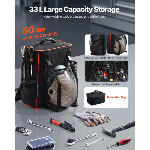 33L Welding Backpack, 600D Polyester Tool Bag with Helmet Holder and Insulated Cooler Bag, for Welding Camping