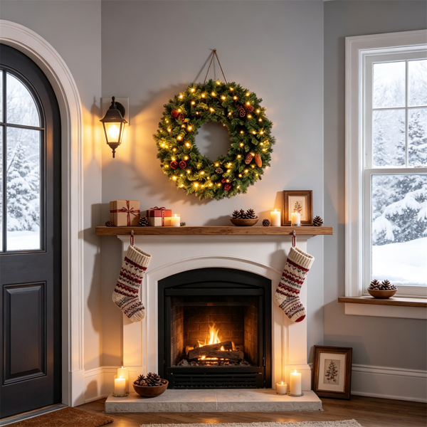 AEELLEEA 24" Pre-Lit Christmas Wreath with 50 Warm White LED Lights, Pine Cones, Timer, Indoor Outdoor Holiday Decor