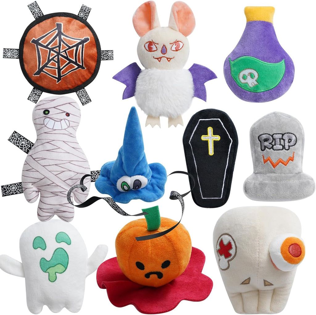 10PC Halloween Dog Toys Set, Creepy-Theme Puppy Enrichment Small Dog Toys Squeaky & Crinkle Funny Plush Stuffed Chew Toys Bundle for with Pumpkin, Skeleton, Mummy, Bat & More