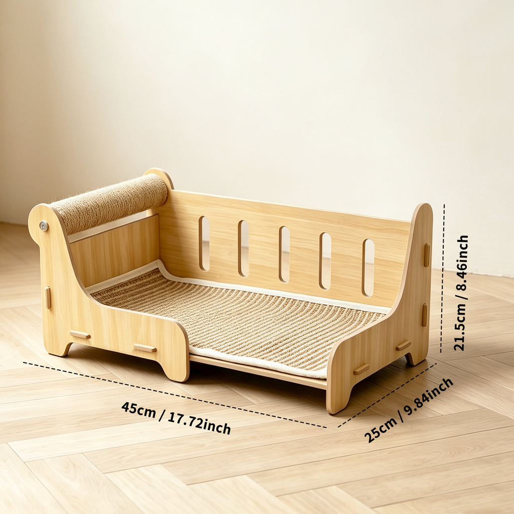 Cat Scratcher Couch Bed with Sisal Scratching Post, Wooden Cat Lounge Furniture for Indoor Cats