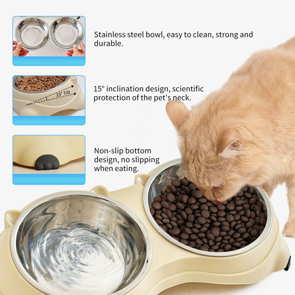15° Tilted Double Stainless Steel Pet Bowls for Cats & Small Dogs, Non-Slip Food & Water Feeder - Beige