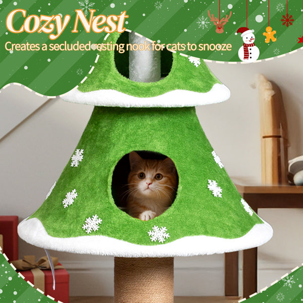 AEELLEEA Christmas Tree Cat Tower with Sisal Scratching Post, 2 Cat Hideaways & Teaser Ball, 59.1" Tall
