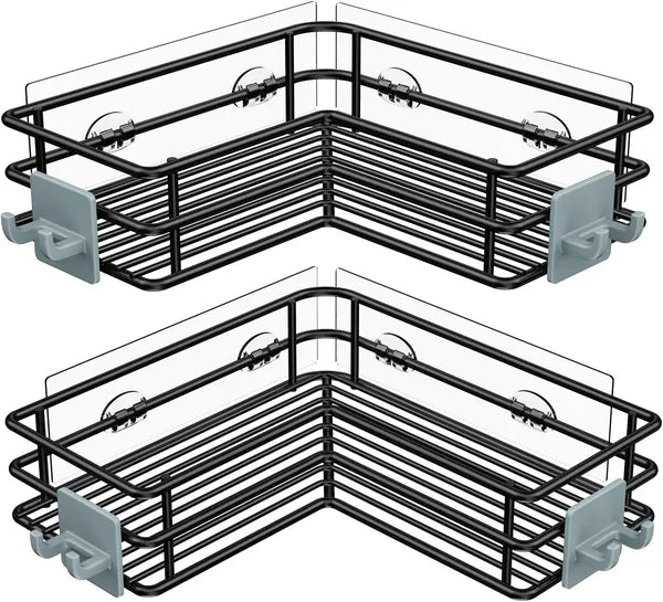 Aeelleea Black Adhesive Corner Shower Caddy Shelf with Hooks, Rustproof Stainless Steel No Drill Bathroom Storage Rack