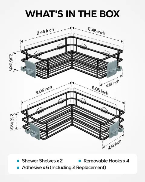 Aeelleea Black Adhesive Corner Shower Caddy Shelf with Hooks, Rustproof Stainless Steel No Drill Bathroom Storage Rack