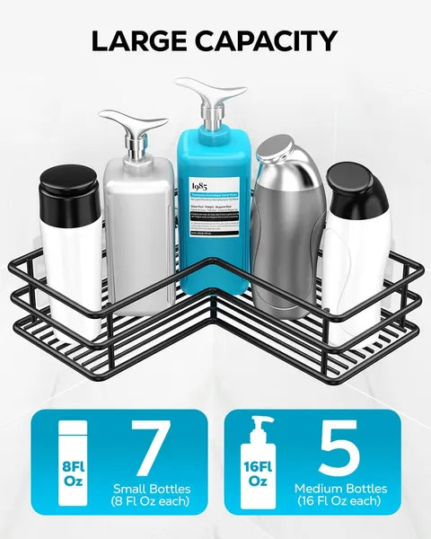 Aeelleea Black Adhesive Corner Shower Caddy Shelf with Hooks, Rustproof Stainless Steel No Drill Bathroom Storage Rack