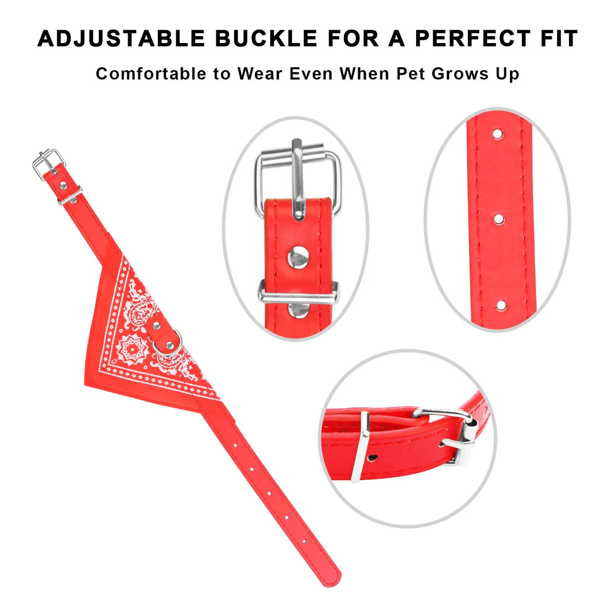 Adjustable Dog Bandana Collar, Synthetic Leather & Canvas Triangle Scarf with Metal Buckle, Red, Large