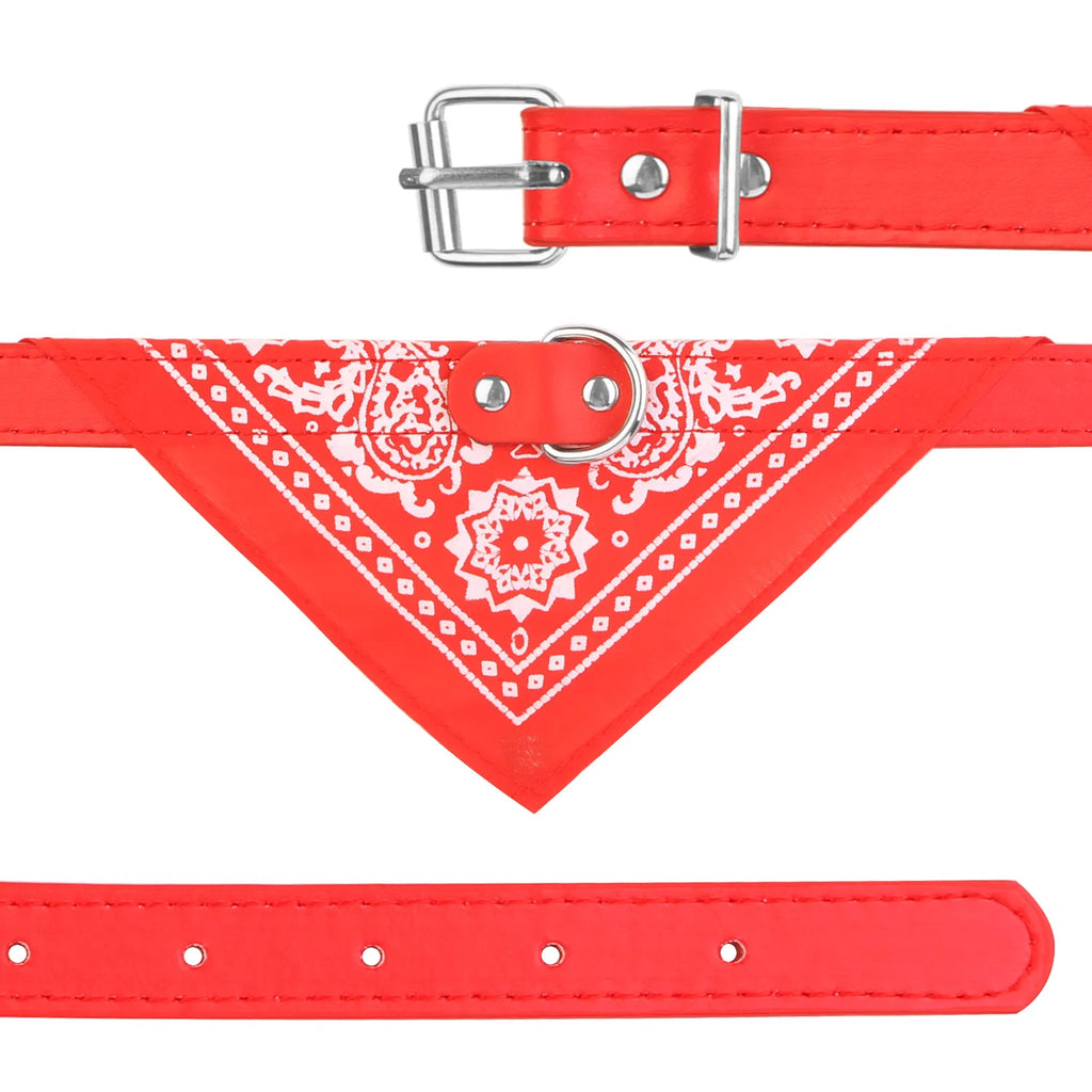 Adjustable Dog Bandana Collar, Synthetic Leather & Canvas Triangle Scarf with Metal Buckle, Red, Large