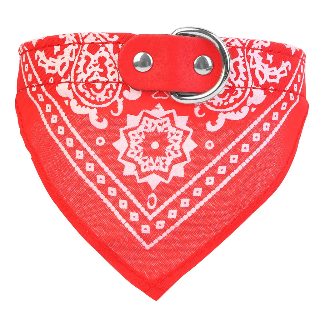 Adjustable Dog Bandana Collar, Synthetic Leather & Canvas Triangle Scarf with Metal Buckle, Red, Large
