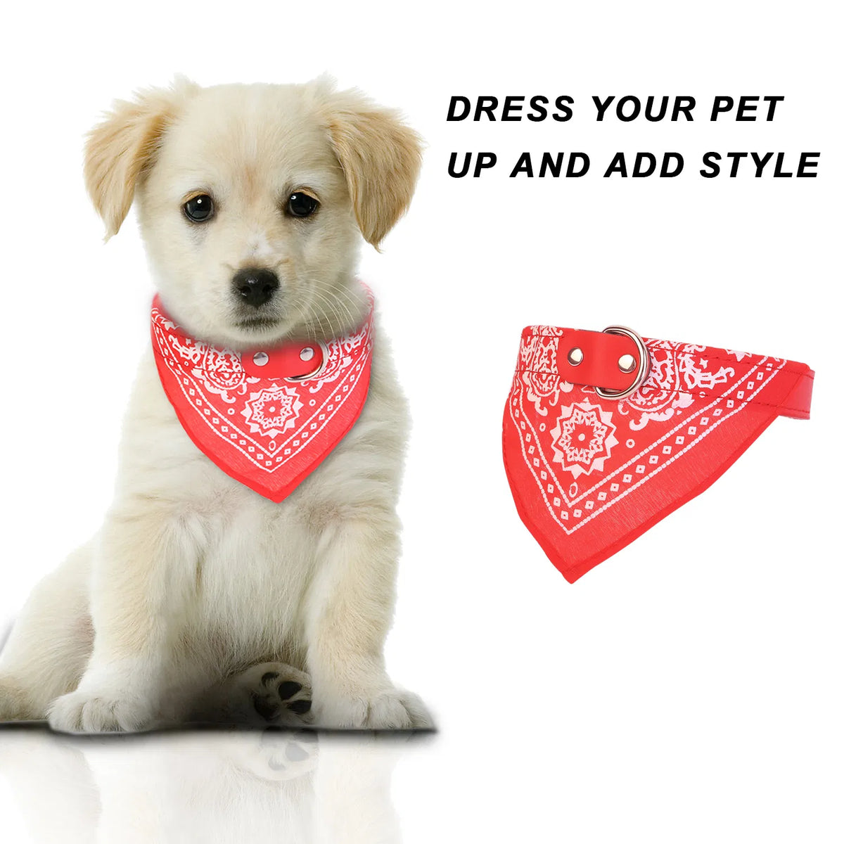 Adjustable Dog Bandana Collar, Synthetic Leather & Canvas Triangle Scarf with Metal Buckle, Red, Large