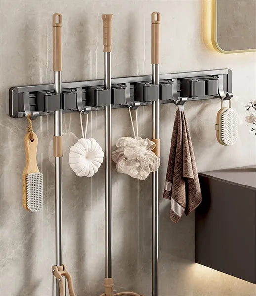 Wall‑Mounted Mop Broom Holder, No Drill Aluminum Tool Organizer Rack with 4 Slots & 5 Hooks for Bathroom Kitchen Cleaning Supplies Storage