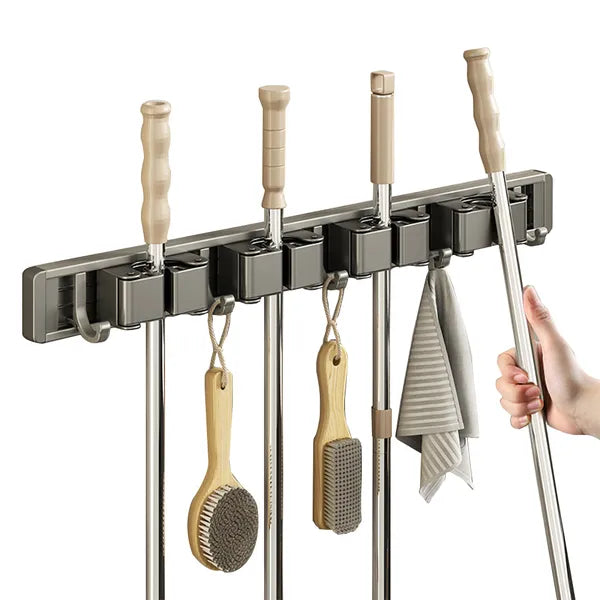 Wall‑Mounted Mop Broom Holder, No Drill Aluminum Tool Organizer Rack with 4 Slots & 5 Hooks for Bathroom Kitchen Cleaning Supplies Storage
