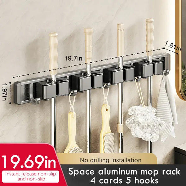 Wall‑Mounted Mop Broom Holder, No Drill Aluminum Tool Organizer Rack with 4 Slots & 5 Hooks for Bathroom Kitchen Cleaning Supplies Storage
