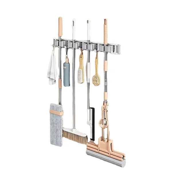 Wall‑Mounted Mop Broom Holder, No Drill Aluminum Tool Organizer Rack with 4 Slots & 5 Hooks for Bathroom Kitchen Cleaning Supplies Storage