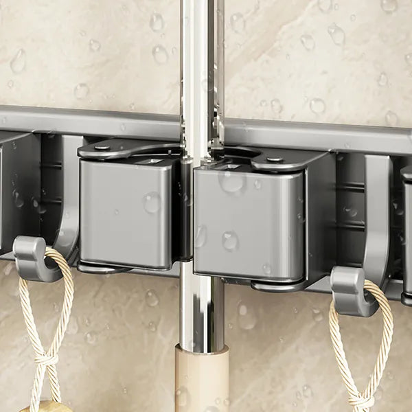 Wall‑Mounted Mop Broom Holder, No Drill Aluminum Tool Organizer Rack with 4 Slots & 5 Hooks for Bathroom Kitchen Cleaning Supplies Storage
