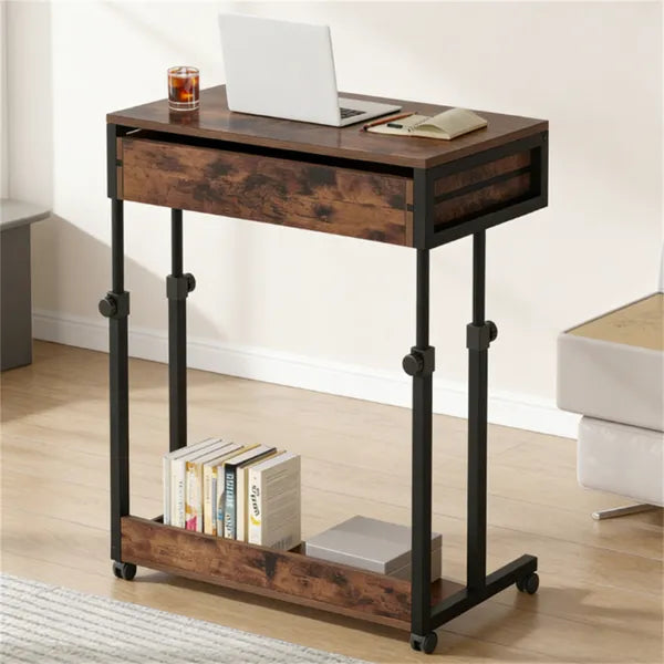 Aeelleea Height Adjustable Mobile Computer Desk 31.49×16.92 Inch, Rolling Side Table with Storage Drawer & Lower Shelf for Home Office