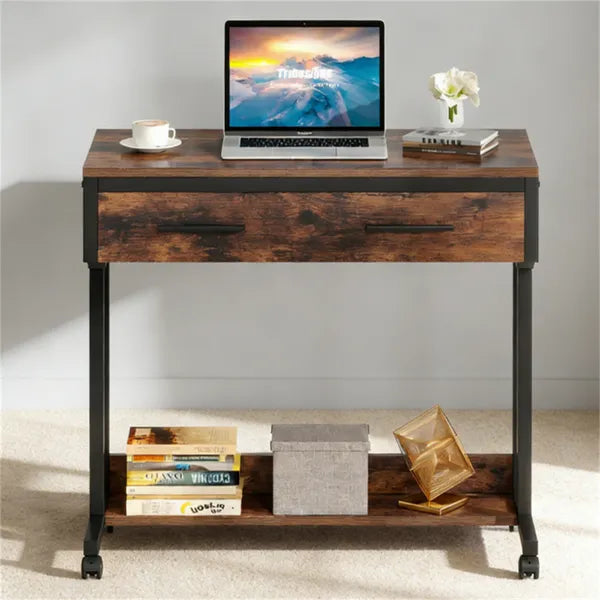 Aeelleea Height Adjustable Mobile Computer Desk 31.49×16.92 Inch, Rolling Side Table with Storage Drawer & Lower Shelf for Home Office