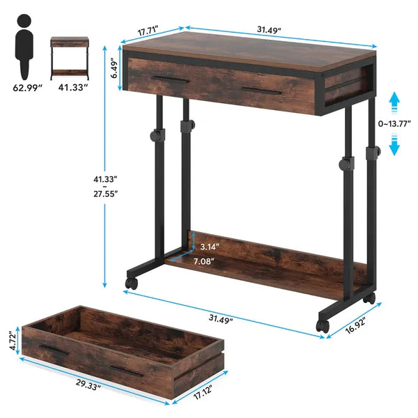 Aeelleea Height Adjustable Mobile Computer Desk 31.49×16.92 Inch, Rolling Side Table with Storage Drawer & Lower Shelf for Home Office