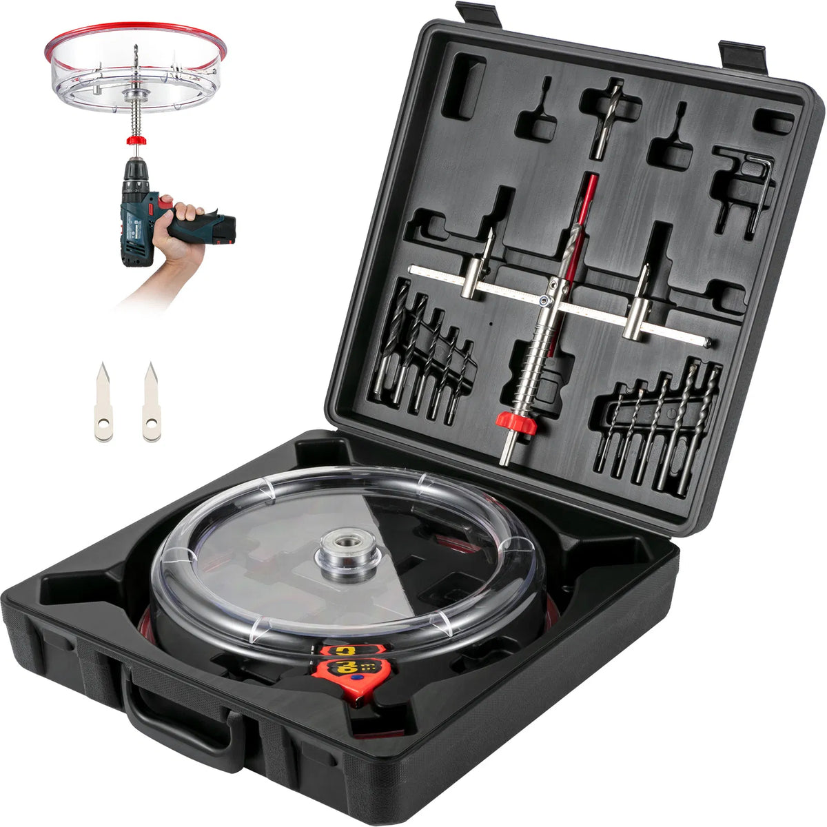 Adjustable Hole Saw Cutter Kit 40‑300 mm, Recessed Hole Saw with PC Dust Shield & 2 Replaceable Pilot Drill Bits for Lights, Speakers and Vents