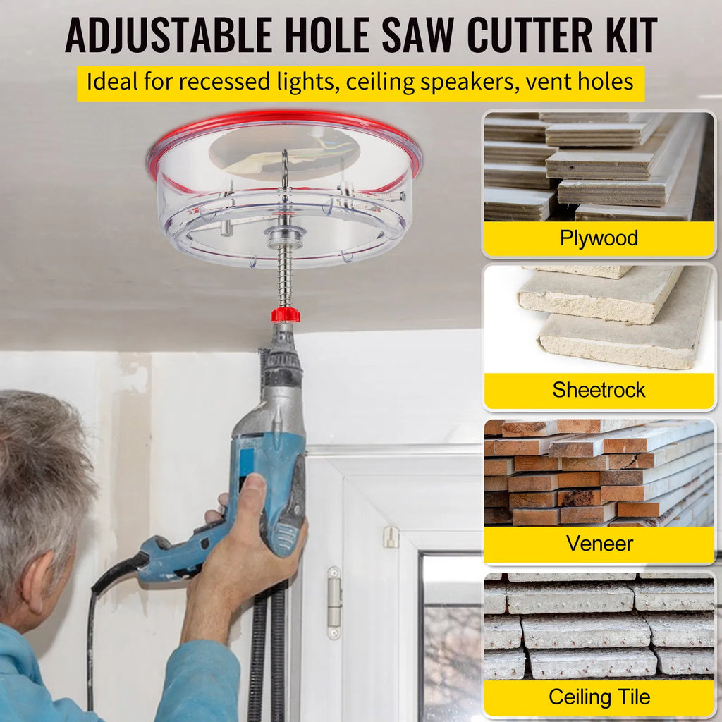 Adjustable Hole Saw Cutter Kit 40‑300 mm, Recessed Hole Saw with PC Dust Shield & 2 Replaceable Pilot Drill Bits for Lights, Speakers and Vents