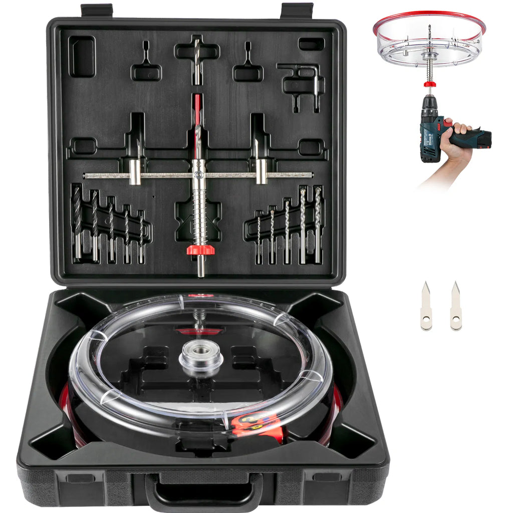 Adjustable Twin‑Blade Hole Saw Cutter Kit 40‑200 mm, Recessed Hole Saw with PC Dust Shield & 2 Replaceable Pilot Drill Bits for Lights, Speakers and Vents