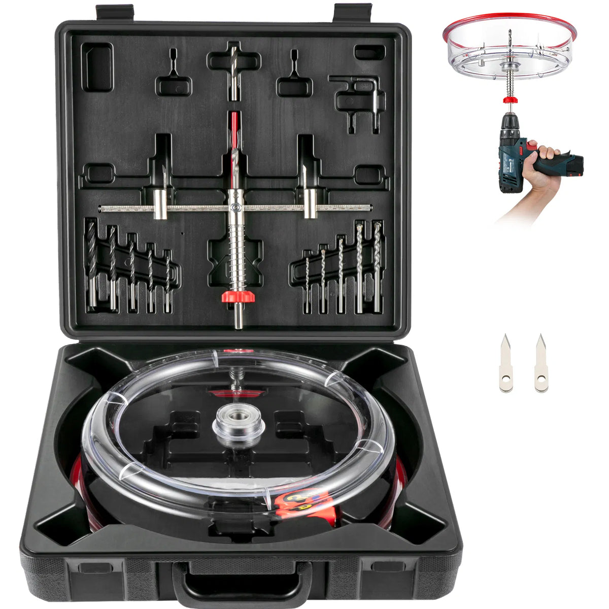 Adjustable Twin‑Blade Hole Saw Cutter Kit 40‑200 mm, Recessed Hole Saw with PC Dust Shield & 2 Replaceable Pilot Drill Bits for Lights, Speakers and Vents