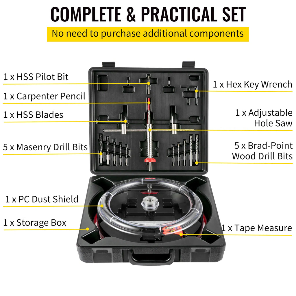 Adjustable Twin‑Blade Hole Saw Cutter Kit 40‑200 mm, Recessed Hole Saw with PC Dust Shield & 2 Replaceable Pilot Drill Bits for Lights, Speakers and Vents