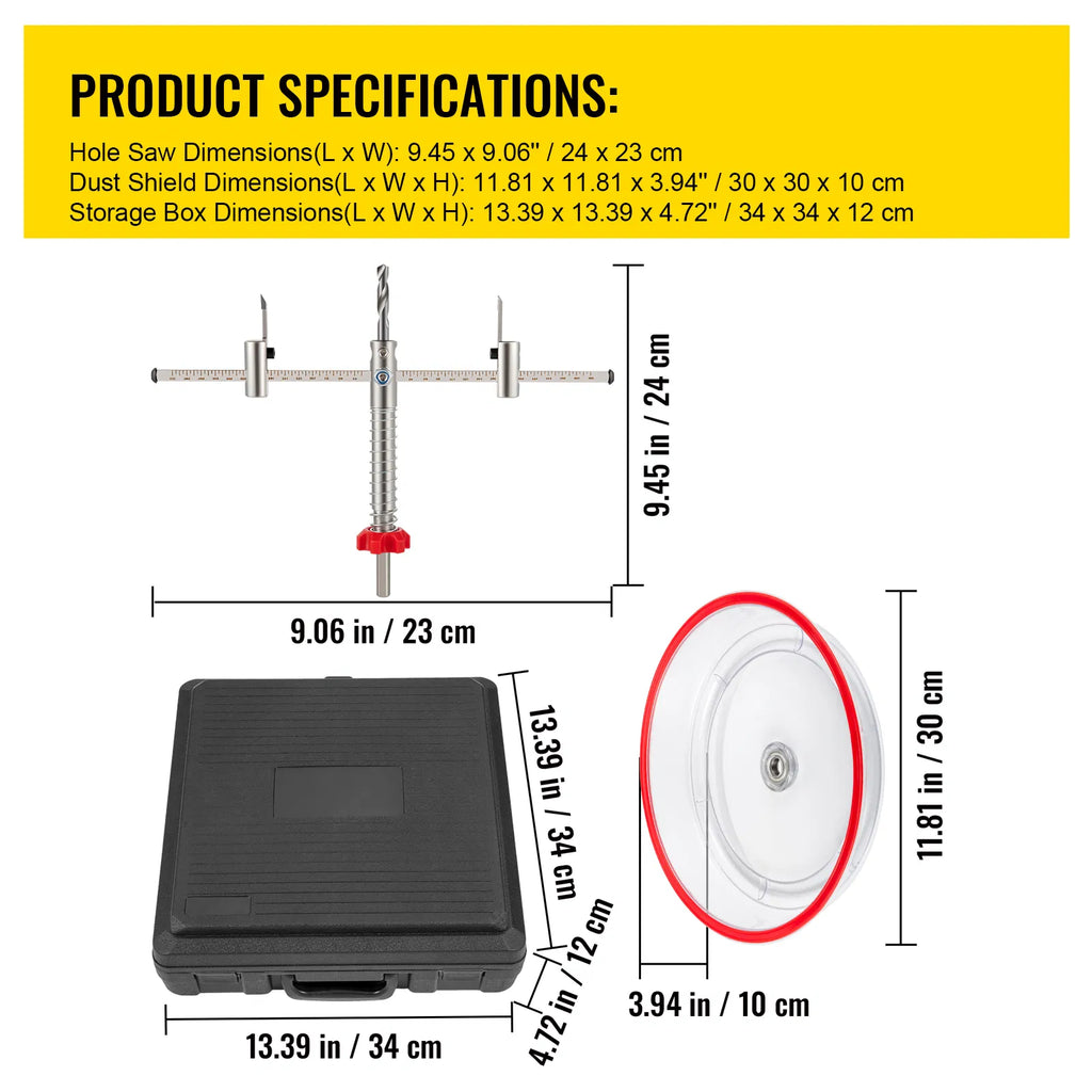 Adjustable Twin‑Blade Hole Saw Cutter Kit 40‑200 mm, Recessed Hole Saw with PC Dust Shield & 2 Replaceable Pilot Drill Bits for Lights, Speakers and Vents