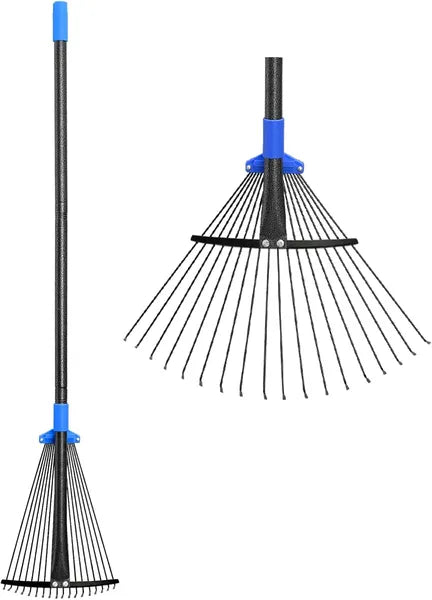 Aeelleea Adjustable Metal Leaf Rake with Long Handle, Expandable Head 8-17", Heavy Duty Garden Rake for Lawn Yard Camping