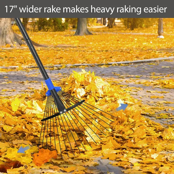 Aeelleea Adjustable Metal Leaf Rake with Long Handle, Expandable Head 8-17", Heavy Duty Garden Rake for Lawn Yard Camping