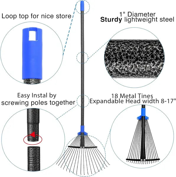 Aeelleea Adjustable Metal Leaf Rake with Long Handle, Expandable Head 8-17", Heavy Duty Garden Rake for Lawn Yard Camping