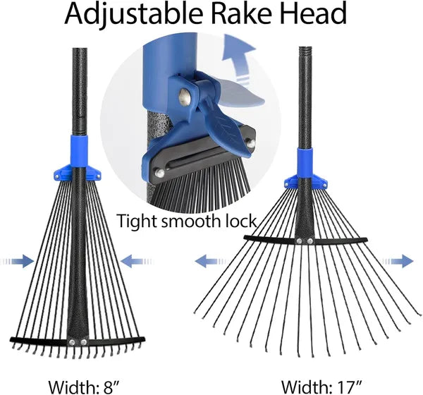 Aeelleea Adjustable Metal Leaf Rake with Long Handle, Expandable Head 8-17", Heavy Duty Garden Rake for Lawn Yard Camping