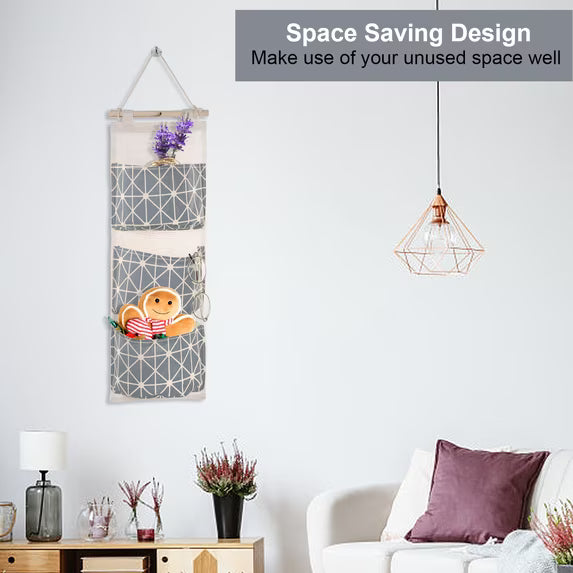 3-Pocket Wall Hanging Storage Organizer with Wooden Rod, Waterproof Linen Cotton, Gray