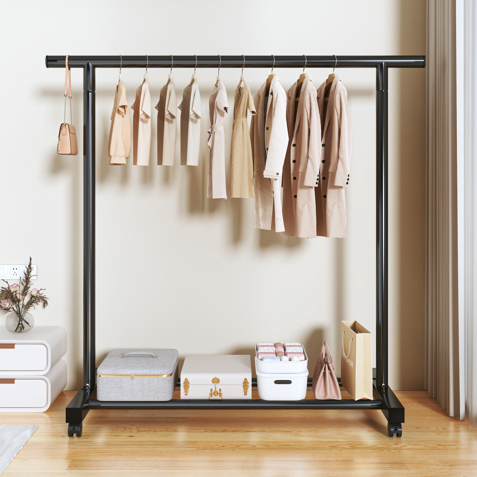 Coat Rack,Dress Up Storage, Freestanding Garment Organizer with Top Rod and Storage Bottom Shelf Space-Saving for Bedroom Home