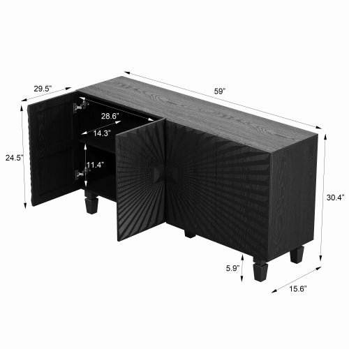 AEELLEEA 59" Black Sideboard Buffet Cabinet with 4 Sunburst Textured Doors, Modern Storage Credenza with Shelves for Living Room